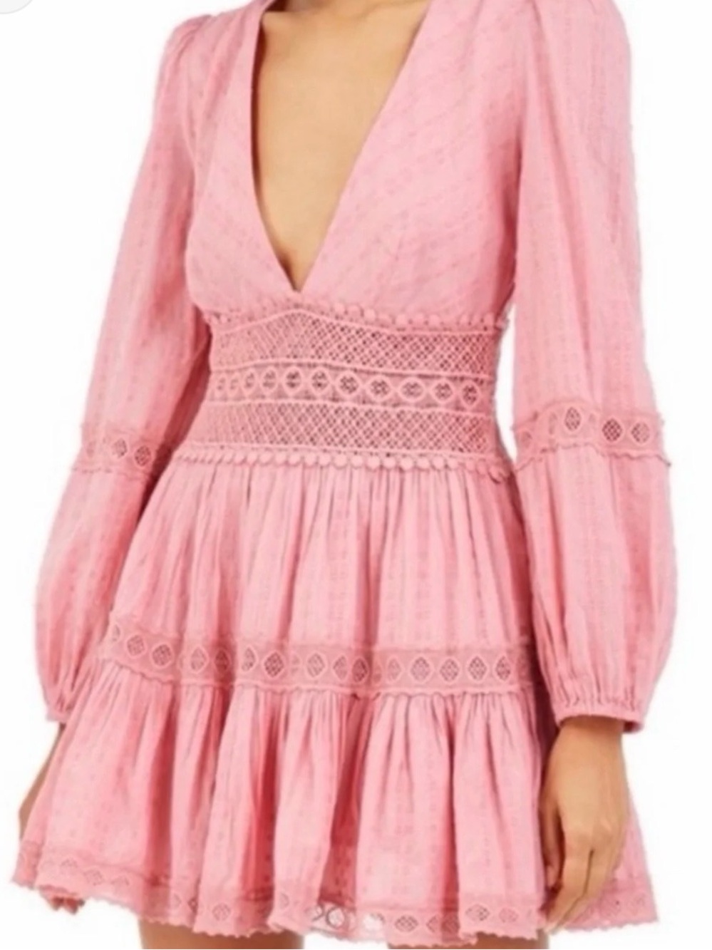 Free People Pink Boho Lace Mini Dress Size 2 V-Neck Tiered Long Sleeve Romantic - Picture 2 of 8